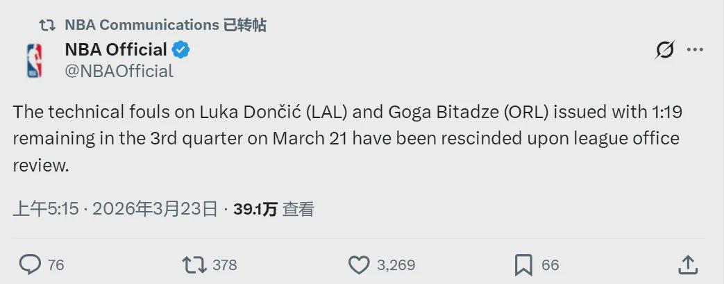 NBA官宣！撤銷技術犯規！東契奇躲過一劫